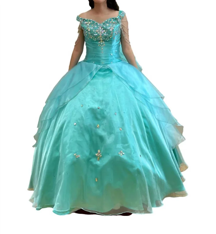 Beaded Sleeve Quinceañera Dress In Jade/multi