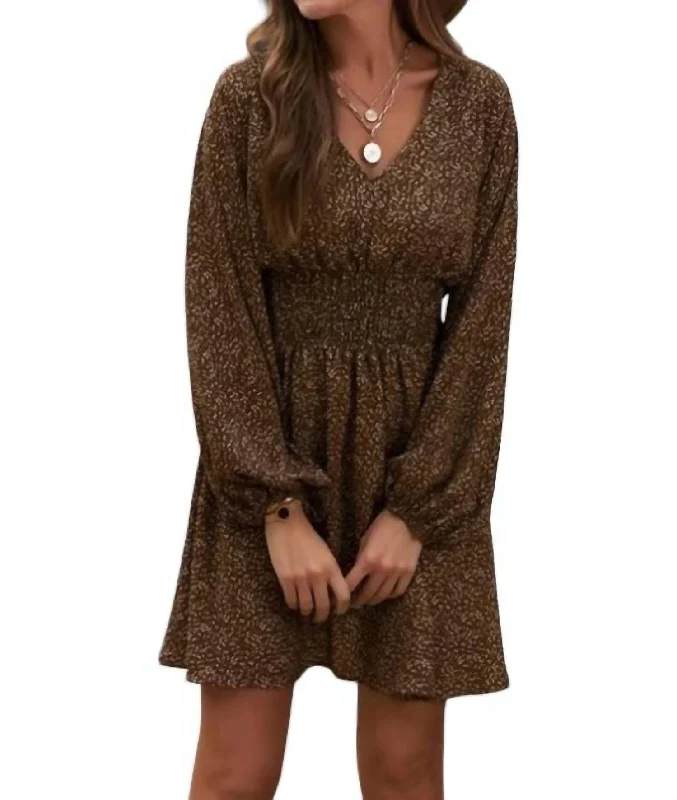 Balloon Sleeve Smocked Waist Dress In Brown