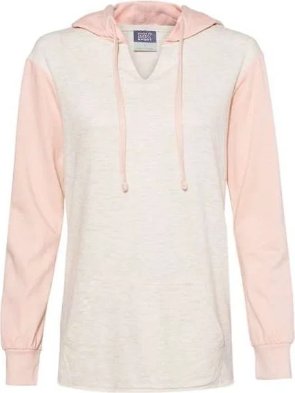 MV Sport W20145 Womens French Terry Hooded Pullover with Colorblocked Sleeves - Cameo Pink Oatmeal