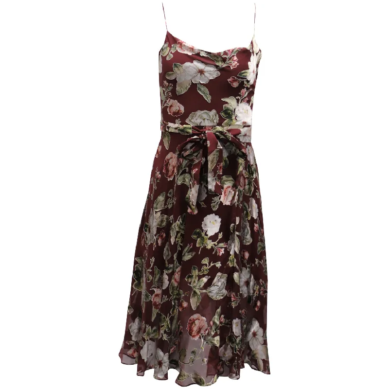 Alice + Olivia Belted Floral Sleeveless Dress in Burgundy Viscose