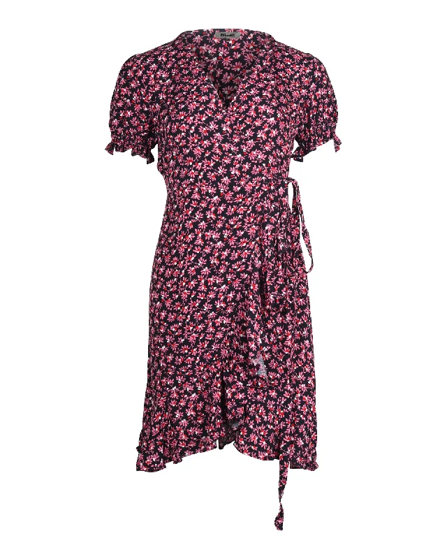 Diane Von Furstenberg Puffed Sleeve Wrap Dress in Pink Floral Print Viscose