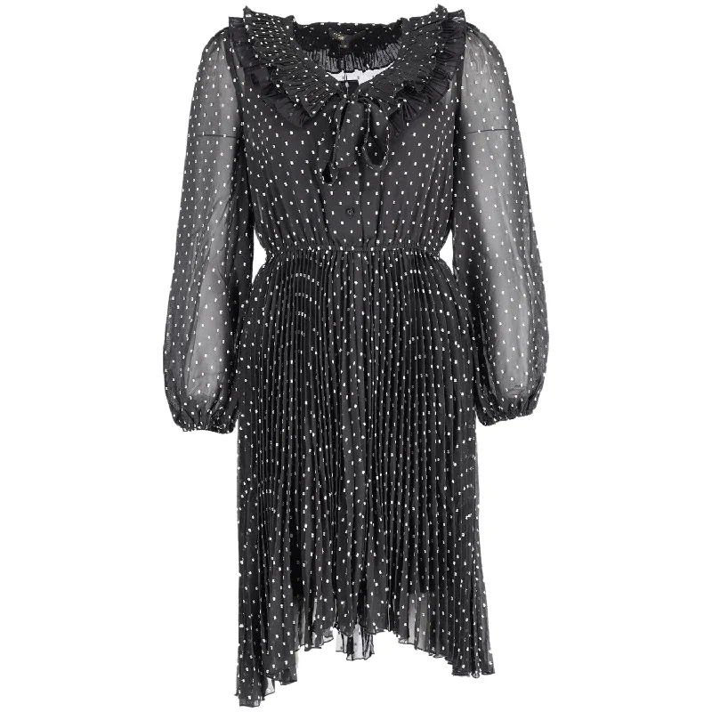 Maje Polka Dot High Low Flared Dress in Black Polyester