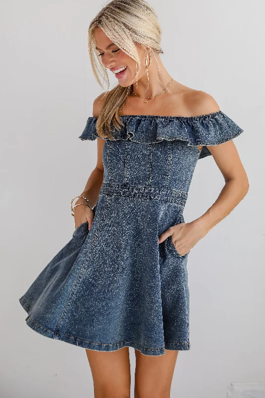 FINAL SALE - Confidently Coveted Denim Off-The-Shoulder Mini Dress