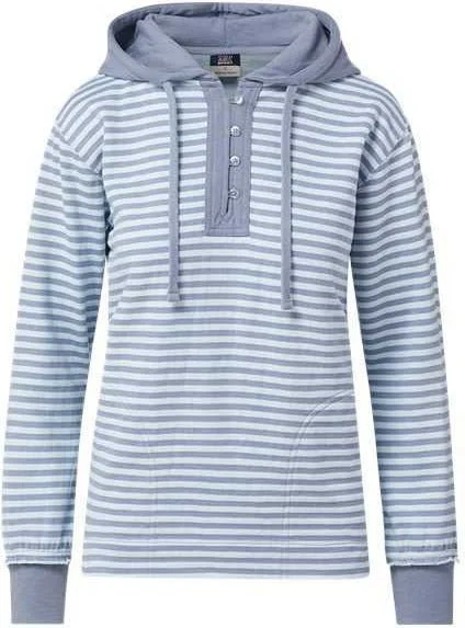 MV Sport W24128 Women's Alina Henley Hooded Sweatshirt - Stonewash Arctic Blue Stripe