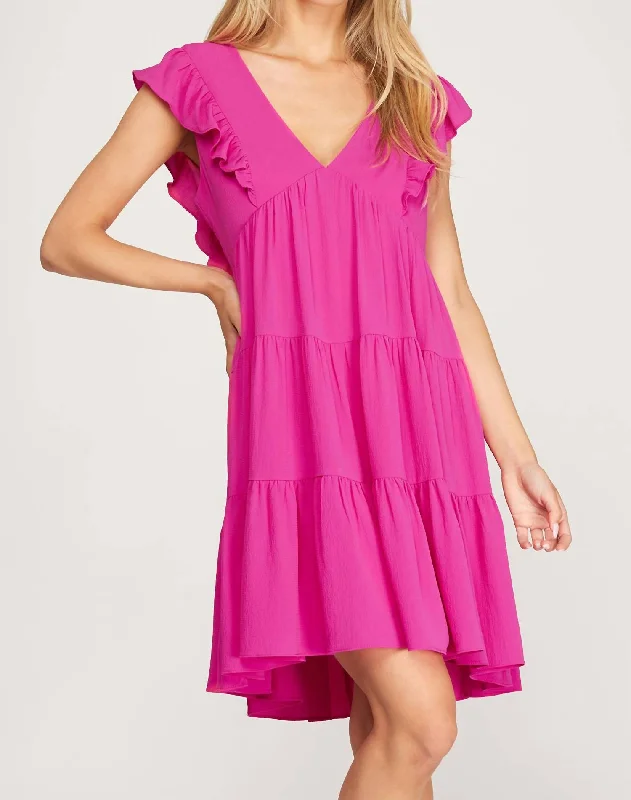 Sleeveless Woven Ruffled Dress In Magenta Pink