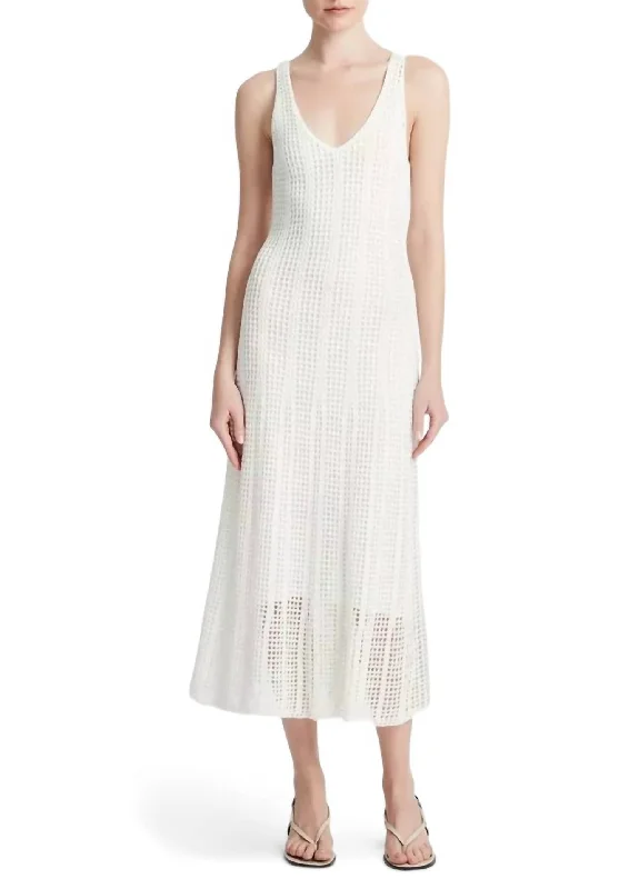 Mesh Grid Godet Dress In Off White