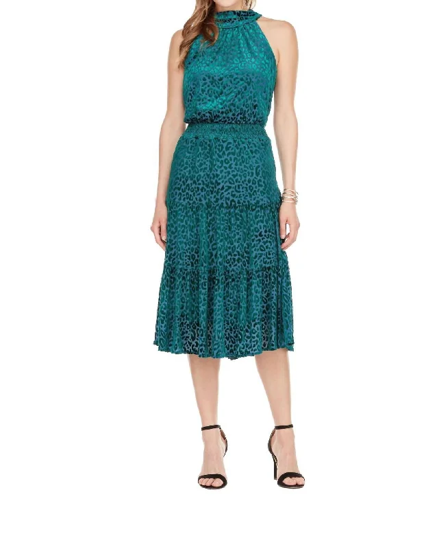 Holly Leopard Halter Dress In Teal Burnout