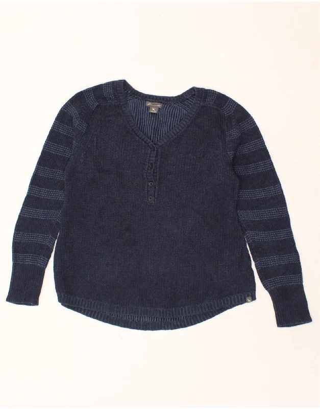 EDDIE BAUER Womens V-Neck Jumper Sweater  UK 10 Small Navy Blue Striped