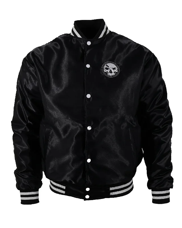 CLOSEOUT White Skull Satin Varsity Bomber Jacket